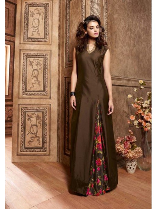 Dark Brown Bridesmaid Dress Side Slit Silk Gown