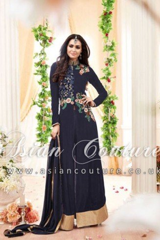 Blue Embroidered Anarkali Suit Indian Evening Dress