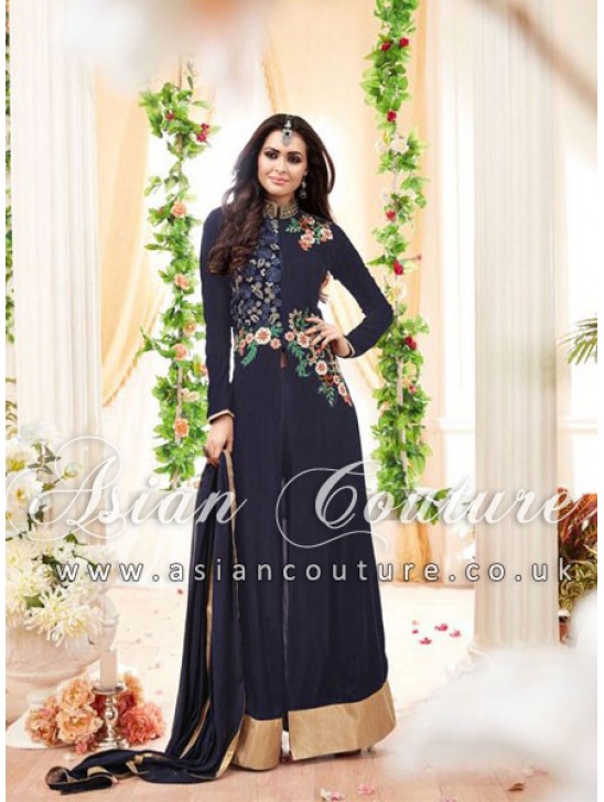 Blue Embroidered Anarkali Suit Indian Evening Dress