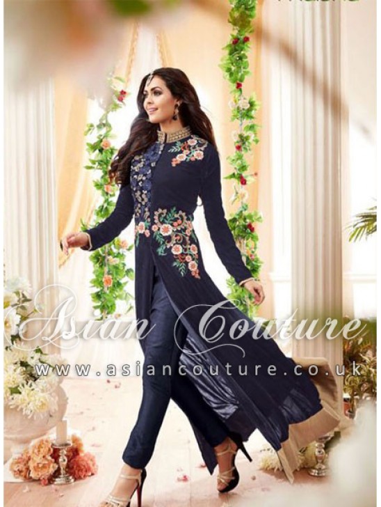 Blue Embroidered Anarkali Suit Indian Evening Dress