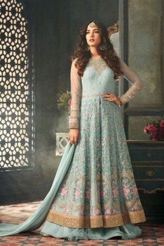 Sky Blue Indian Party Wear Asian Anarkali Wedding Bridal Dress