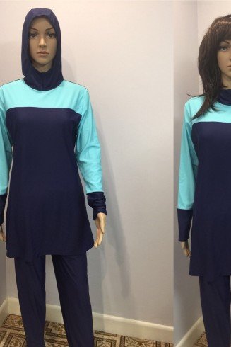 Women's Long Sleeve Muslim Islamic Full Cover Navy Blue Costume Modest Swimwear Burkini