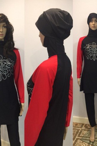 Red Long Sleeve Muslim Islamic Full Cover Black Costume Modest Swimwear Burkini