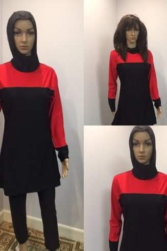 Red Long Sleeve Muslim Islamic Full Cover Black Costume Modest Swimwear Burkini