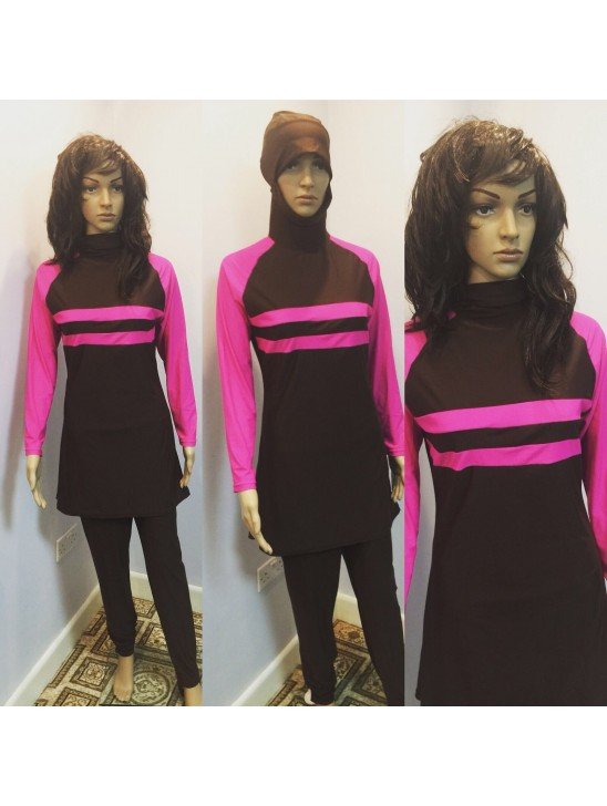 Pink Long Sleeve Muslim Islamic Full Cover Black Costume Modest Swimwear Burkini