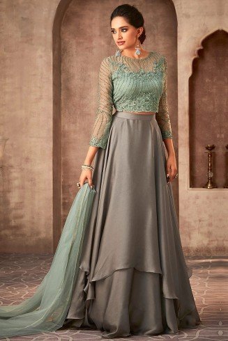 Green & Grey Wedding Wear Lehenga Dress