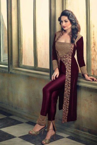 PLUM EMBROIDERED VELVET ETHNIC DRESS (COMES WITH GOLD TROUSER)