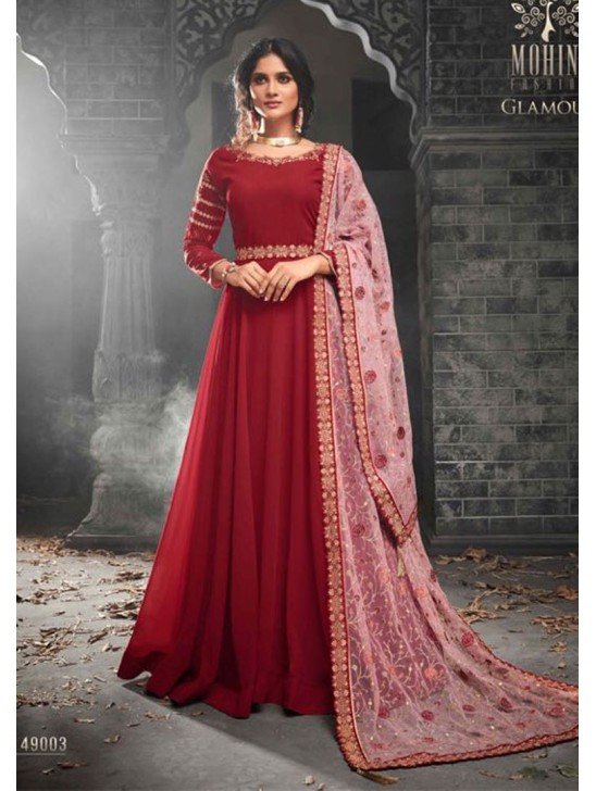 CINNAMON STICK RED GEORGETTE INDIAN SEMI STITCHED ANARKALI GOWN AND HEAVY EMBROIDERED DUPATTA