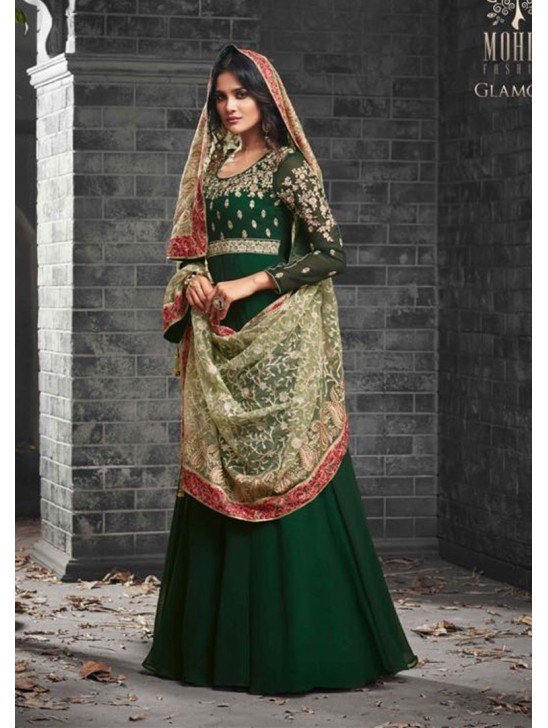 DARK GREEN GEORGETTE INDIAN ANARKALI GOWN AND HEAVY EMBROIDERED DUPATTA