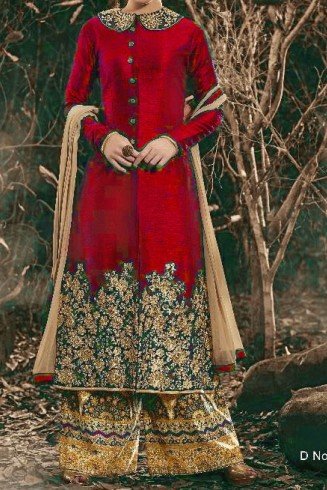 Red Indian Bhagalpuri Floor Length Party Wear Anarkali Suit 