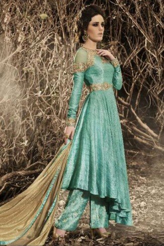 Turquoise Nakkashi Indian Wedding Palazzo Suit