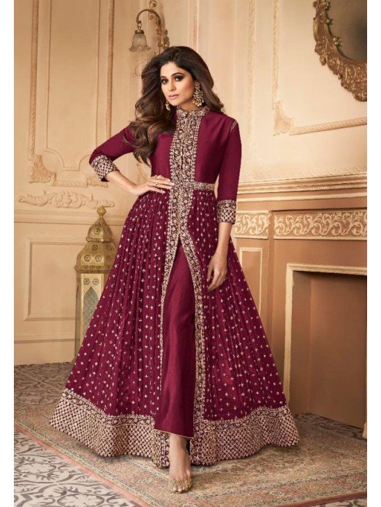 Maroon Indian Designer Party Wear Front Slit Anarkali Dress