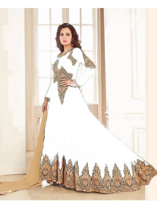 WHITE HEAVY EMBROIDERED FLOOR LENGTH ANARKALI DRESS