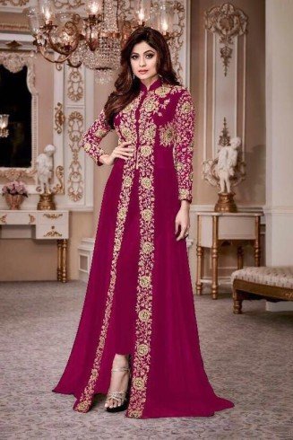 PINK BURGUNDY PAKISTANI DESIGNER SLIT STYLE ANARKALI SUIT 