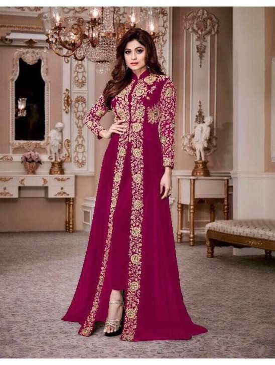 PINK BURGUNDY PAKISTANI DESIGNER SLIT STYLE ANARKALI SUIT