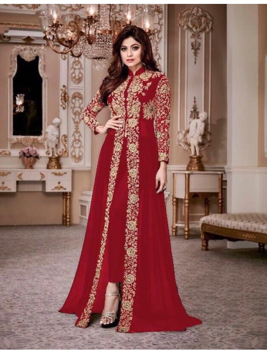 RED INDIAN DESIGNER SLIT STYLE ANARKALI SUIT