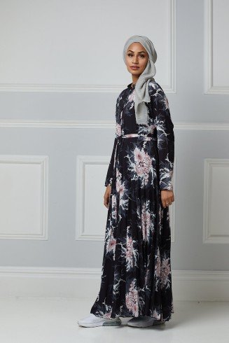 Black Open Abaya Floral Printed Maxi 