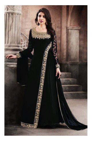 Black Modest Dress Maxi Gown Semi Stitched Party Suit