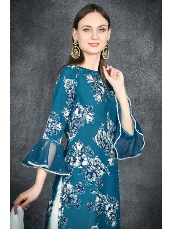 Mosaic Blue Chiffon Printed Shirt & Gharara Pant Suit