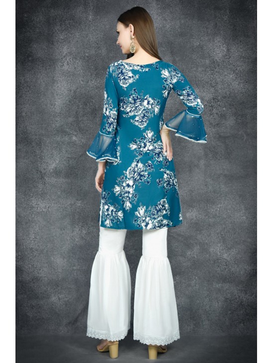 Mosaic Blue Chiffon Printed Shirt & Gharara Pant Suit