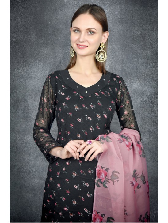 Black Floral Printed Shirt & Shalwar With Organza Dupatta