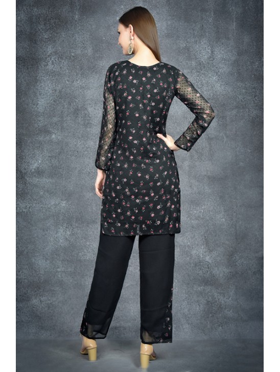 Black Floral Printed Shirt & Shalwar With Organza Dupatta