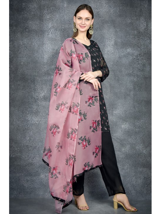 Black Floral Printed Shirt & Shalwar With Organza Dupatta