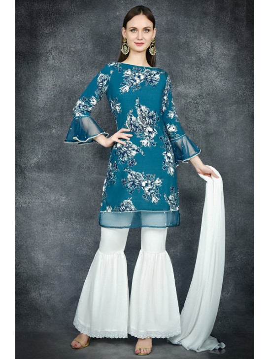 Mosaic Blue Chiffon Printed Shirt & Gharara Pant Suit