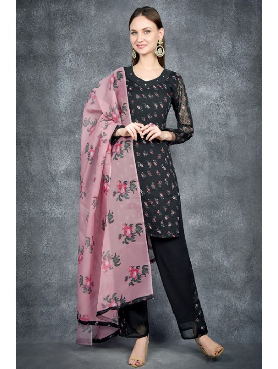 Black Floral Printed Shirt & Shalwar With Organza Dupatta