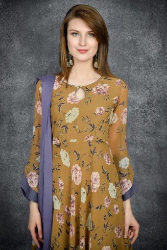 Lark Brown Floral Printed Pakistani Designer Suit