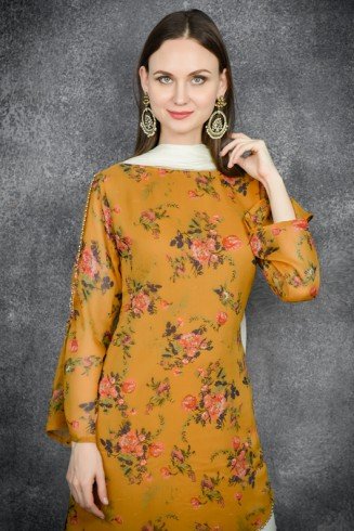 Mustard & White Side Slit Cut Salwar Kameez Suit