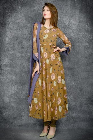 Lark Brown Floral Printed Pakistani Designer Suit