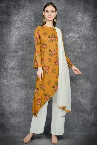 Mustard & White Side Slit Cut Salwar Kameez Suit