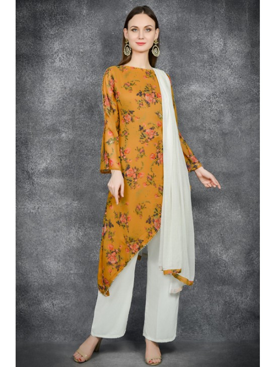 Mustard & White Side Slit Cut Salwar Kameez Suit