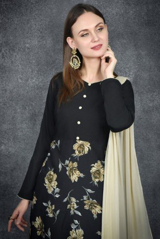 Black Floral Print Churidaar Suit