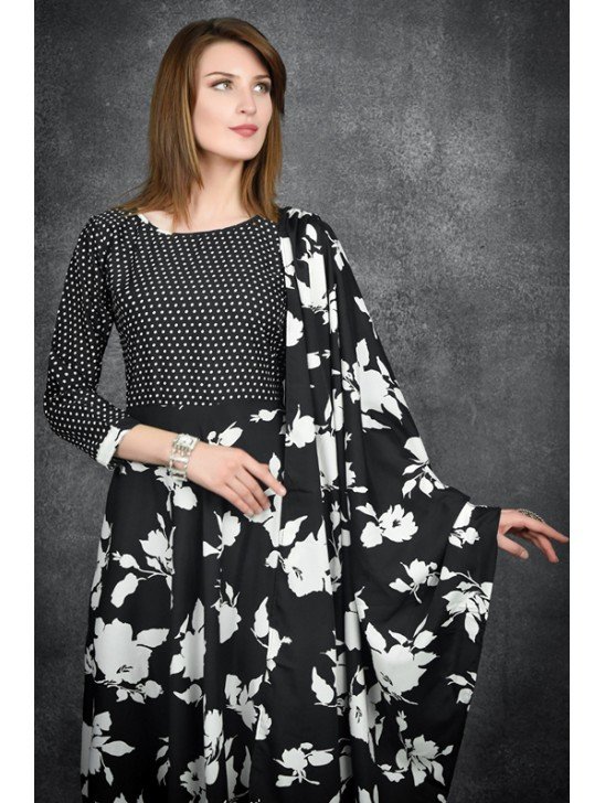 Black Floral Printed A Line Dress