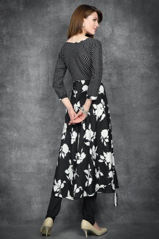 Black Floral Printed A Line Dress