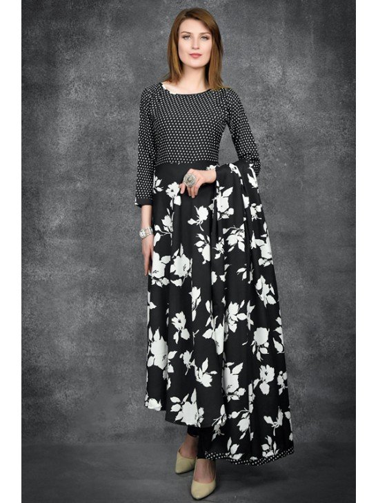 Black Floral Printed A Line Dress
