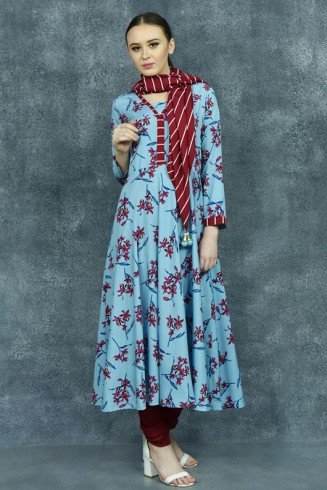 Faded Denim Floral Printed Churidar Suit