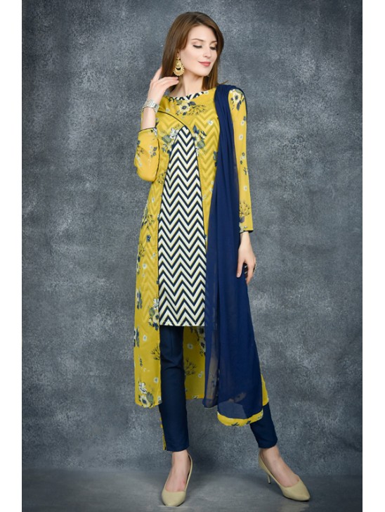 Navy Blue & Sunlight Yellow Georgette Jacket Suit