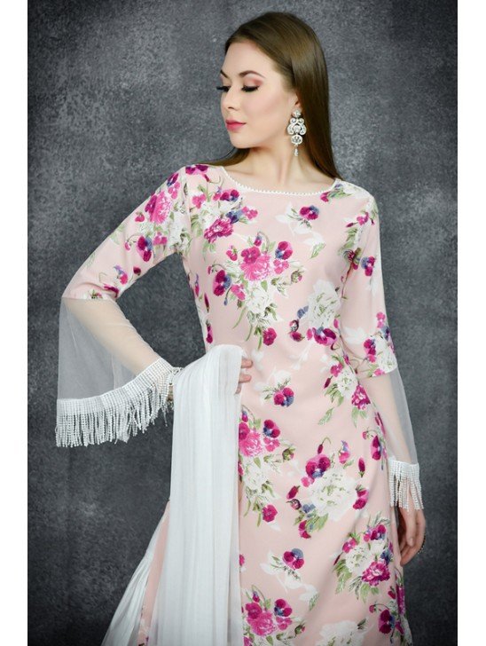 Pink & White Floral Printed Readymade Sharara Suit