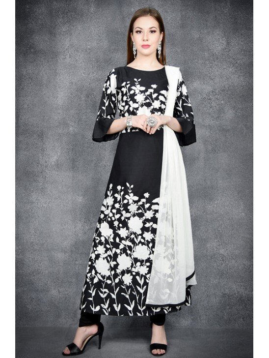 Black Floral Printed Designer Gown