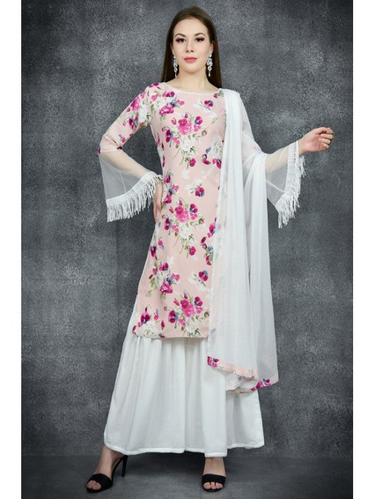 Pink & White Floral Printed Readymade Sharara Suit