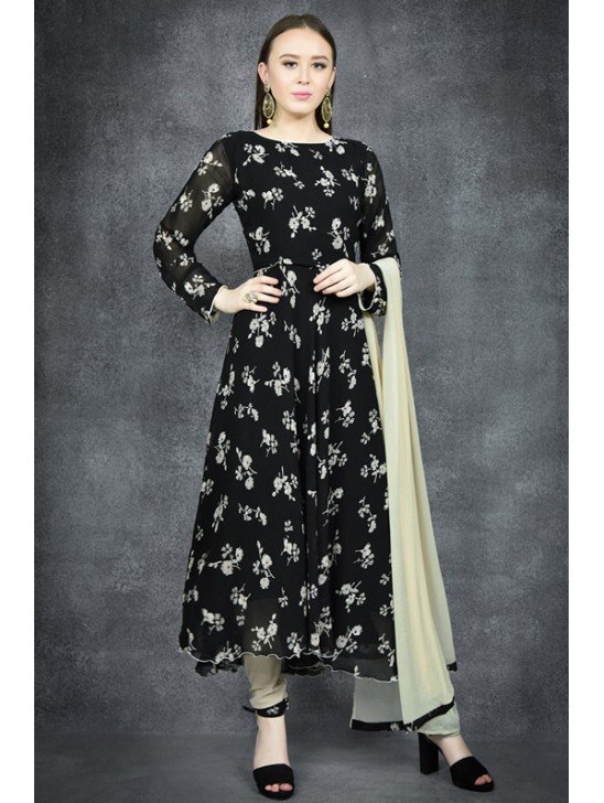 Jet Black Floral Printed Flow Circular Dress