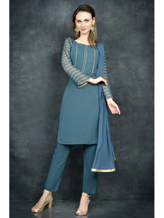 Mosaic Blue Straight Cut Kurti & Capri Suit Set