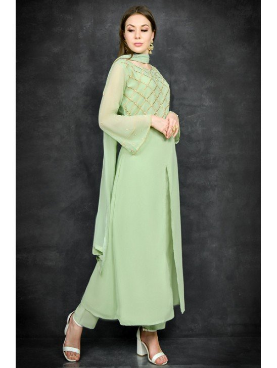 Pista Green Ethnic Slit Style Circular Suit