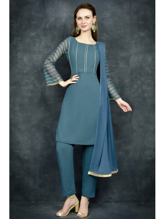 Mosaic Blue Straight Cut Kurti & Capri Suit Set