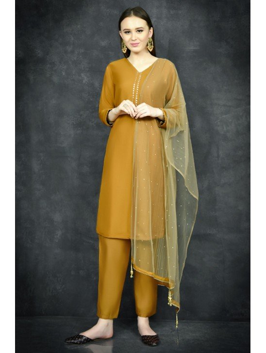 Mustard Straight Cut Kurti & Trouser Suit Set