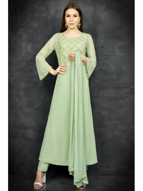 Pista Green Ethnic Slit Style Circular Suit