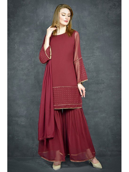 Fired Brick Maroon Gharara & Short Kurti Readymade Suit